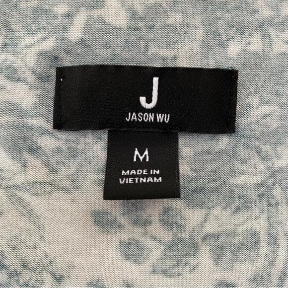 Jason Wu Stretch Long Sleeve Dress Womens Size M Teal Green Print Smocked Waist - Picture 12 of 13